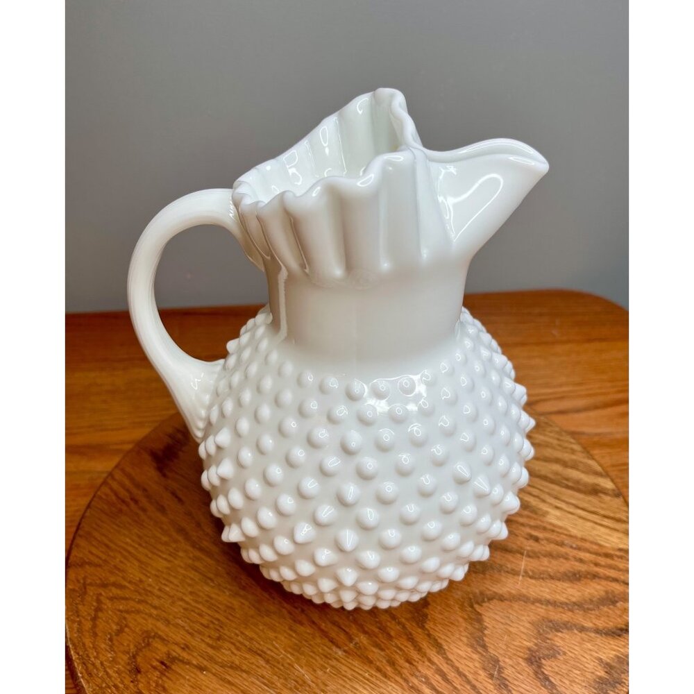 Vintage Fenton Large Quart Hobnail Milk Glass Pitcher with Ice Lip - 70 oz